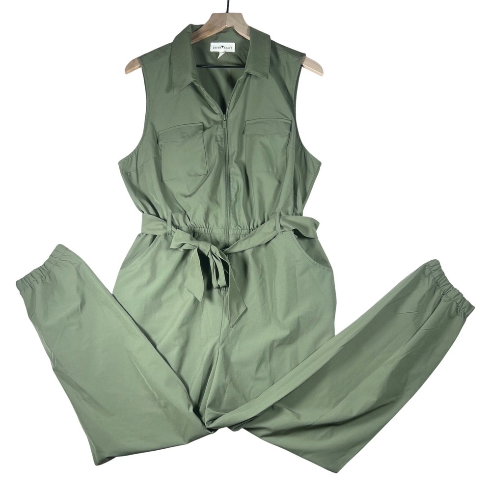 Derek Heart Jumpsuit Jogger XL Olive Green Utility‎ Zip Front Sleeveless NWT